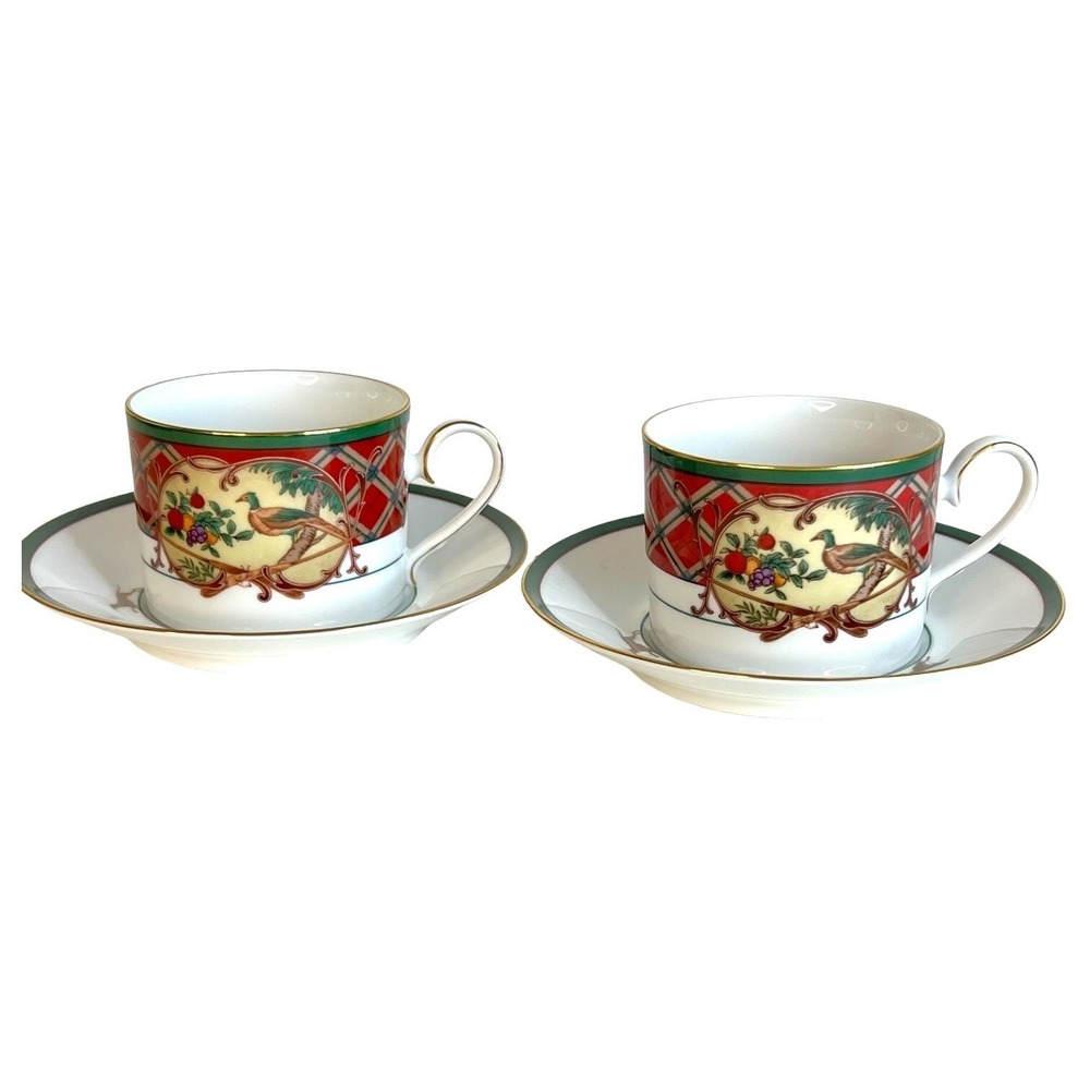 2 Noritake China Royal Hunt TeaCup & Saucer Sets Flat Coffee Cup Red Green Plaid